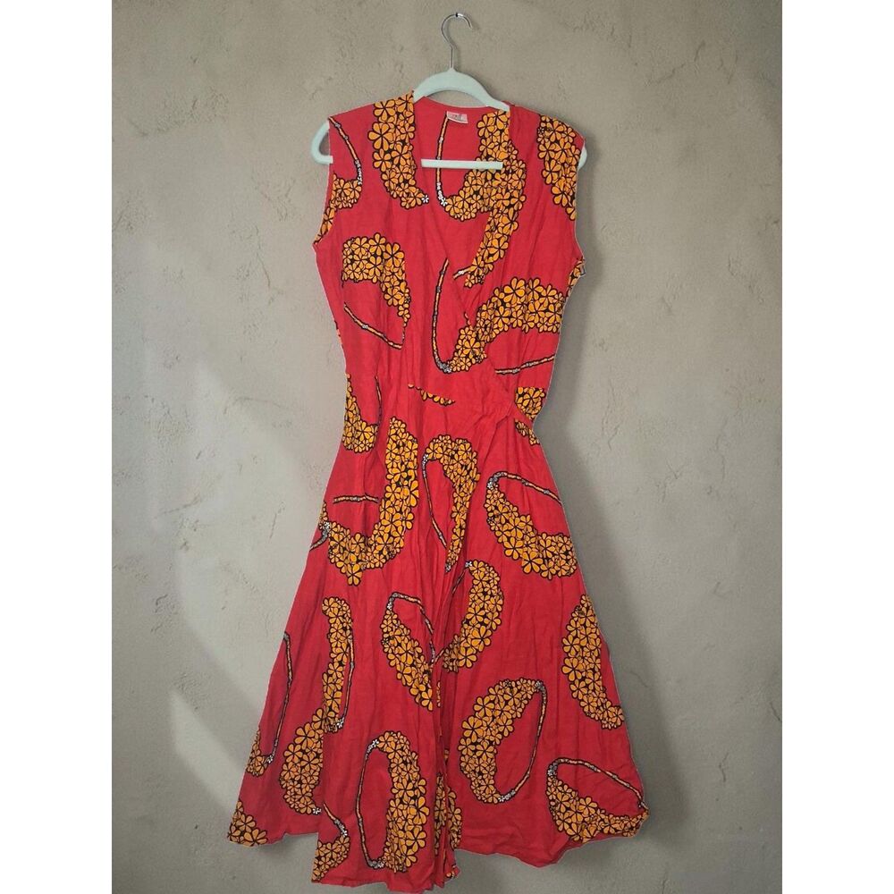 NF Red Floral African Ankara Print Cotton Midi Wrap Dress Size L